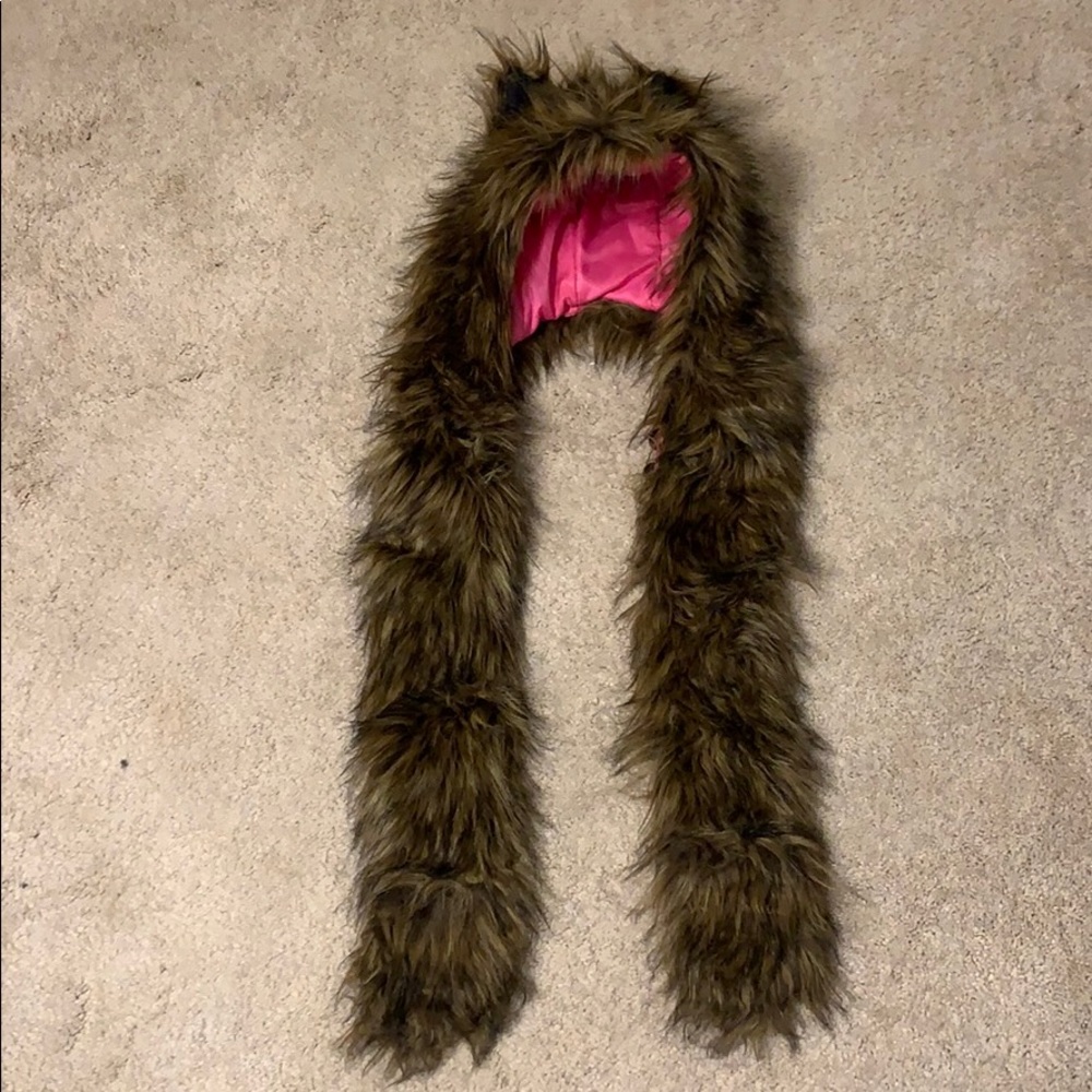 hat+scarf+mittens in one girls brown fur